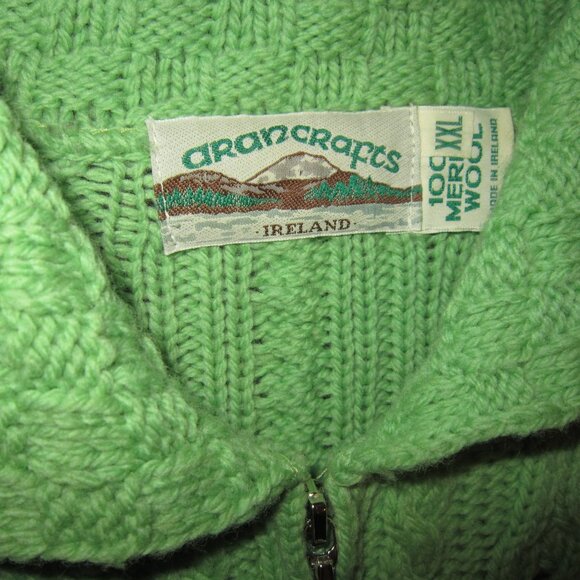 Aran Crafts Sz XXL Cardigan Sweater Cable Knit Zip Green Pockets Ireland Merino - Picture 3 of 3